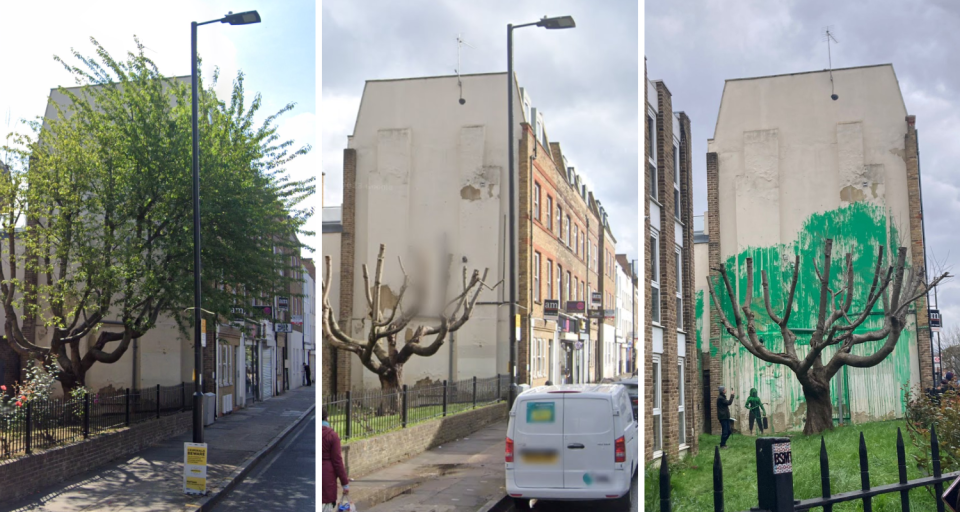 Banksy Tree Mural before and after