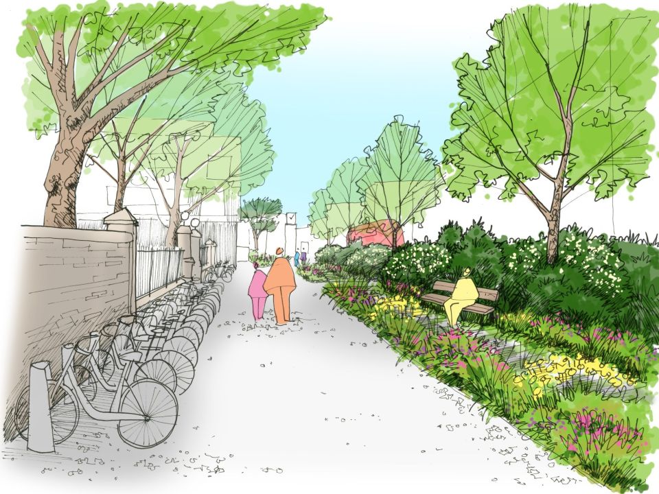 An illustration depicting a reimagined street with trees, bike hire and shrubs