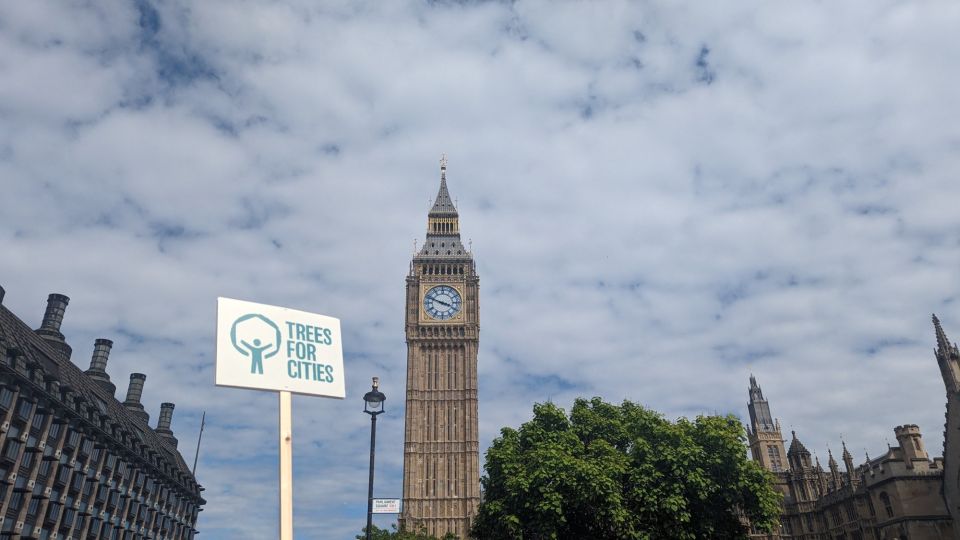 A Trees for Cities placard held aloft in front of Big Ben, with trees underneath