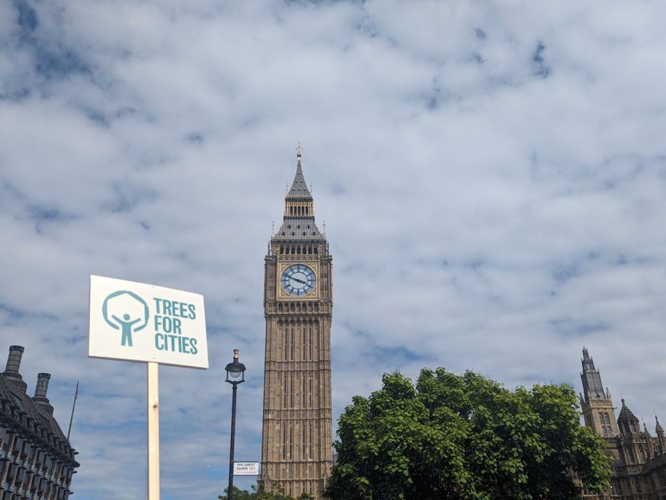 A Trees for Cities placard held aloft in front of Big Ben, with trees underneath