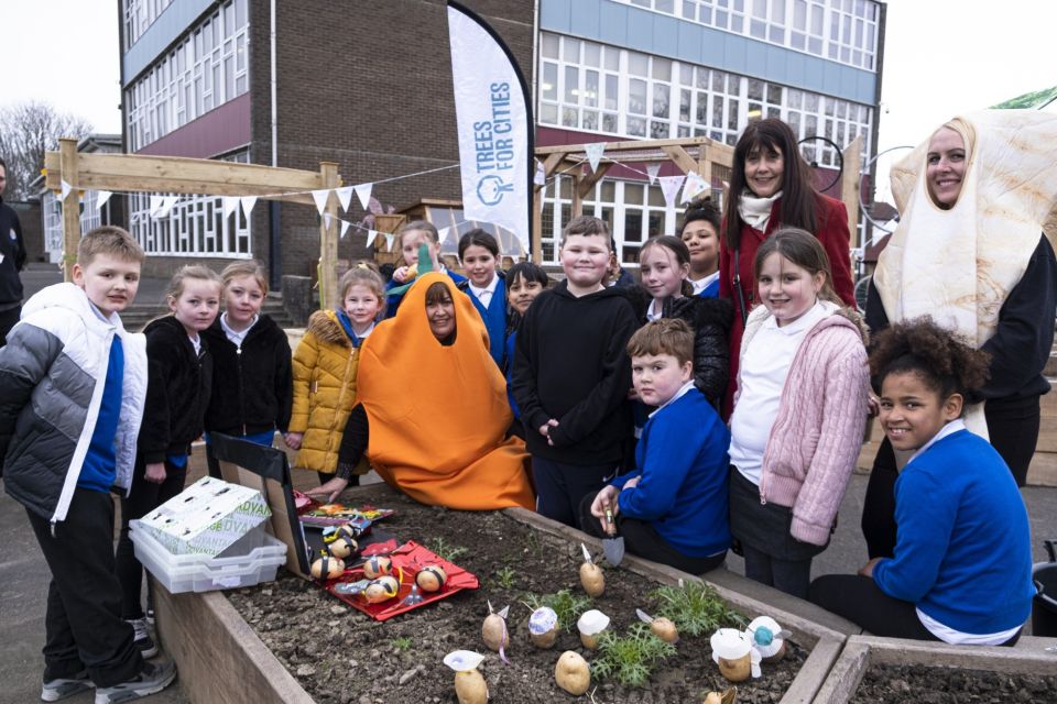 children and teachers gathered around a raised bed in a school playground, read to plant
